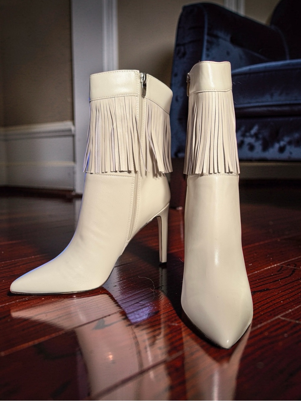 Nine West NWT Sz 10.5 M Cream Fringe Stiletto Faux Leather Ankle Boots  (SH433)